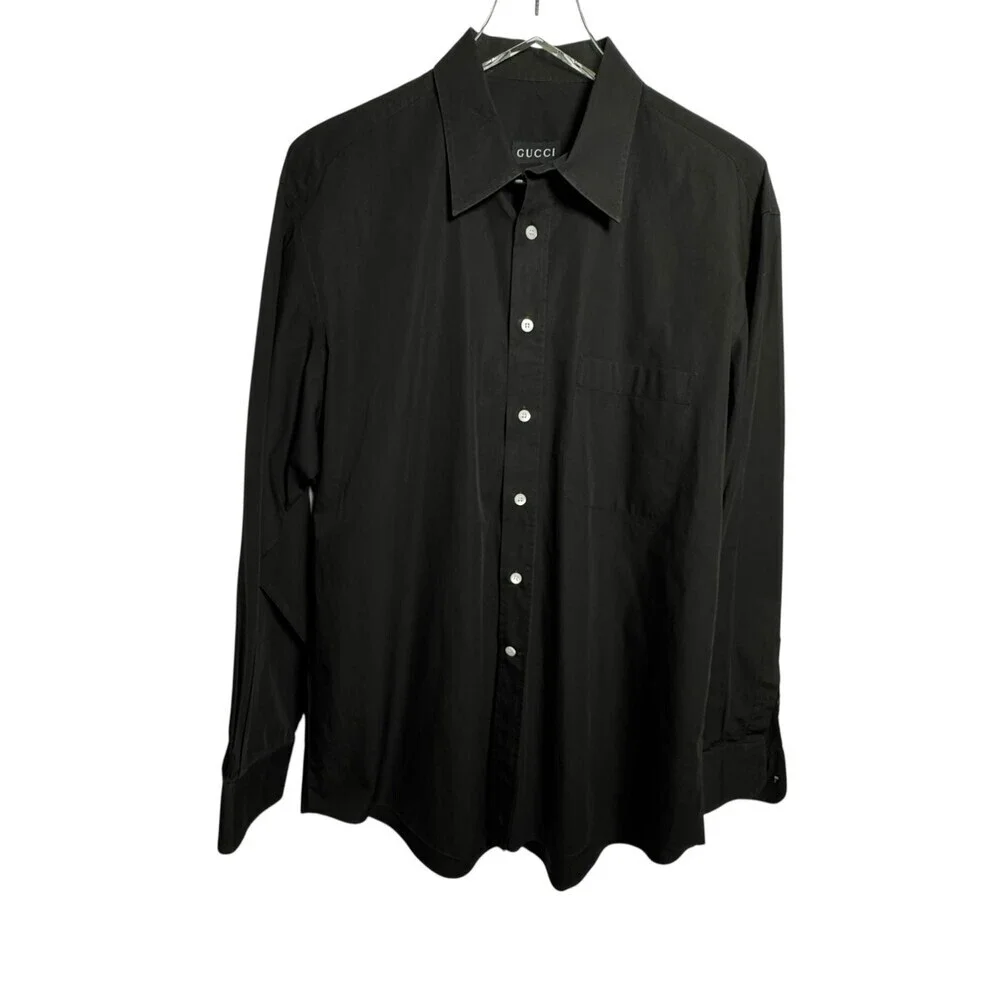 Gucci Men's Black Poplin Cotton Long Sleeve Button Down Shirt 43 17 XL